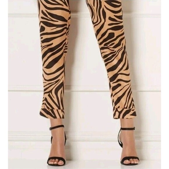Ny & Co Eva Mendes Tiger Animal Print Pants Slacks Tan/Black w/Belt Tie Sz M NEW - Picture 2 of 9